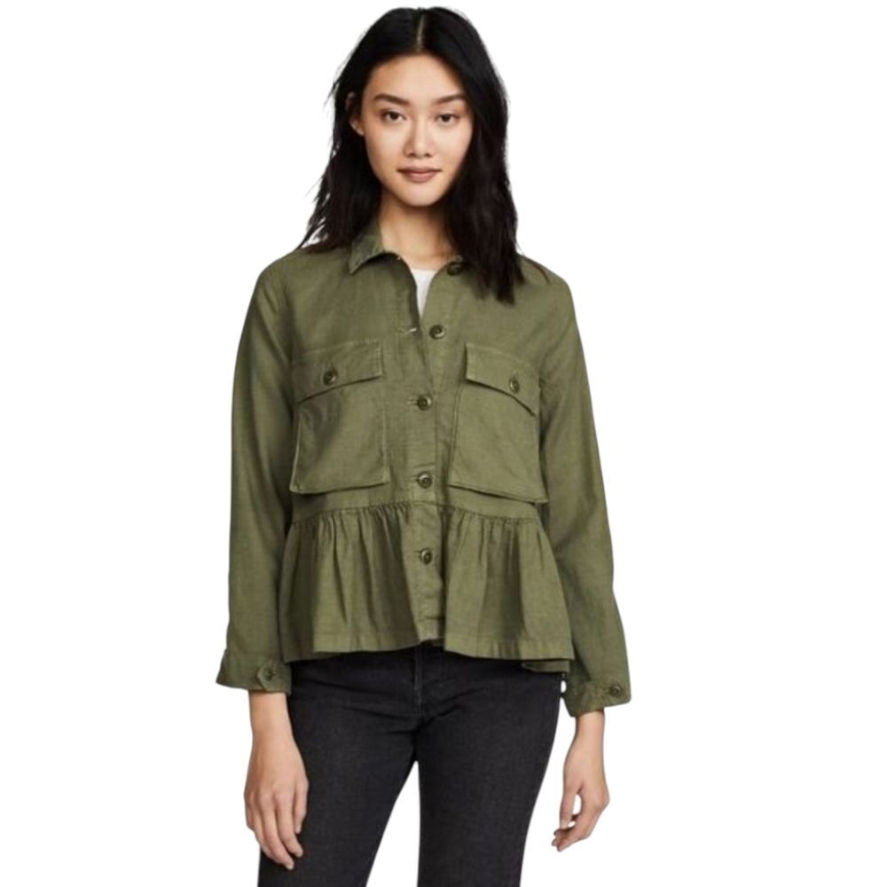 THE GREAT. Ruffle Army Jacket in Olive - Size 2